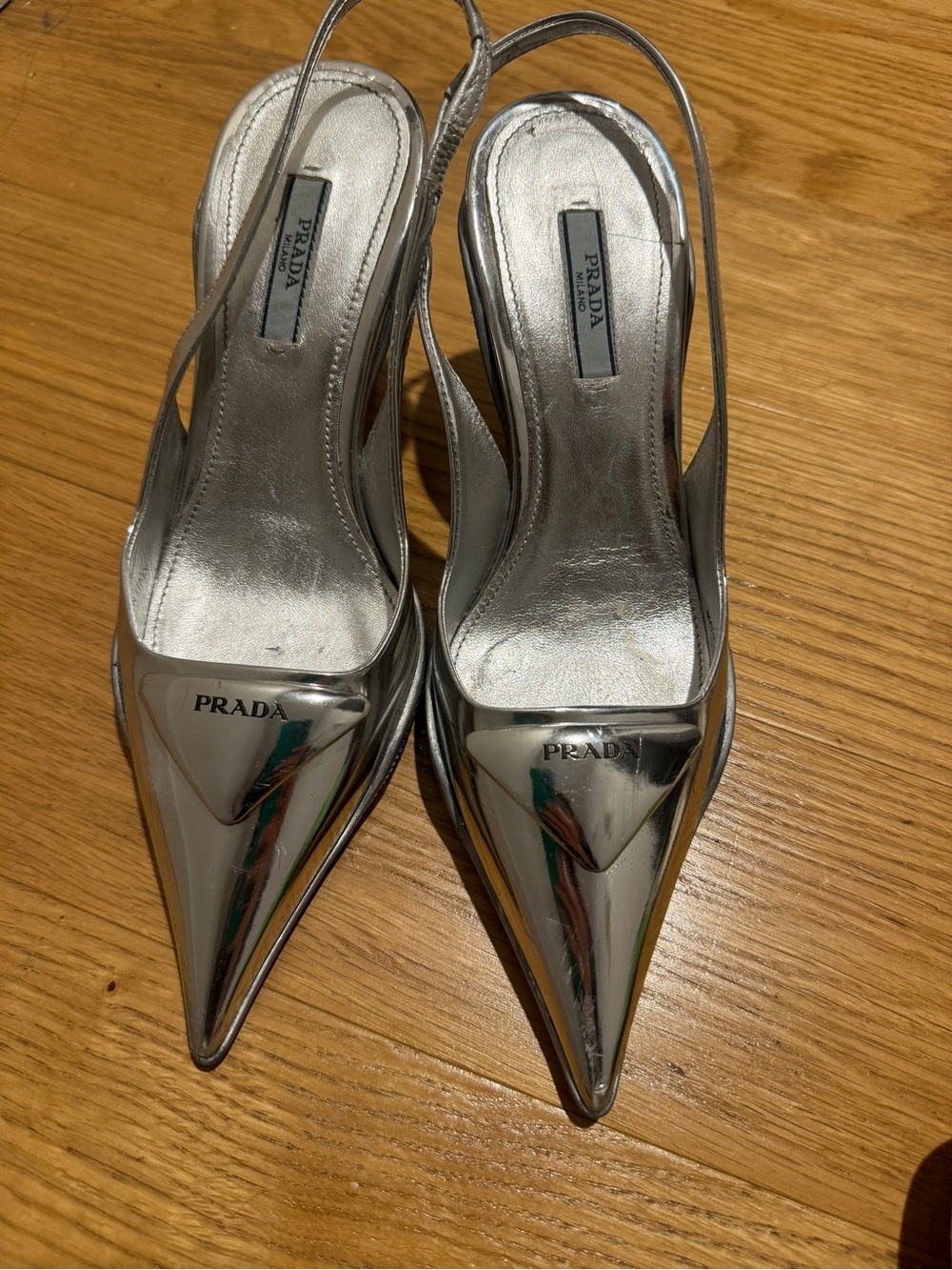 Prada Metallic Silver Pointed Slingback Pumps